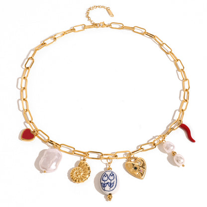 Stainless Steel Pearl Heart Conch Pendant Necklace Vacation Style Ocean Neck Jewelry Export Ins Style Accessories for Women