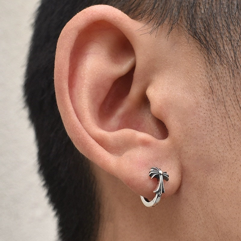 Sterling Silver S925 Cross Pendant for Men and Women Couples Trendy Punk Dongdaemun Vintage Stud Earrings Hoop Earrings