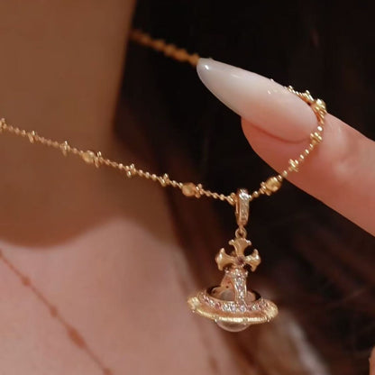 Pure Silver S925 Brushed Craft Natural Pink Quartz Saturn Necklace Earrings Fairy Chain Set Light Luxury Exquisite High-end Feel