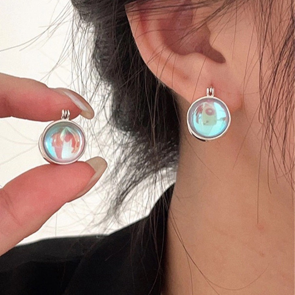 Korean Version S925 Sterling Silver Moonstone Earrings Studs for Women Summer Light Luxury Niche Elegant High-end Neutral Style High-end Super Fairy
