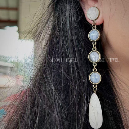 Vintage Multi-layer Natural Stone Original Design Retro Blue Vein Stone Double-sided Bead Necklace and Earring Set