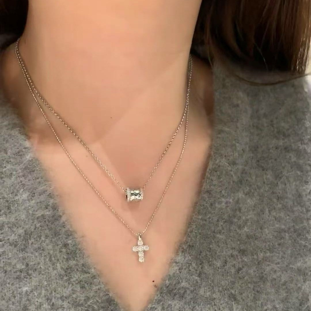 925 Sterling Silver Crushed Ice CNC Craft Cylinder Necklace Elegant High-end Versatile Collarbone Chain