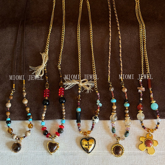 natural Tiger Eye Stone Heart Beaded Necklace Vintage Autumn Winter Elegant Simple Collarbone Chain