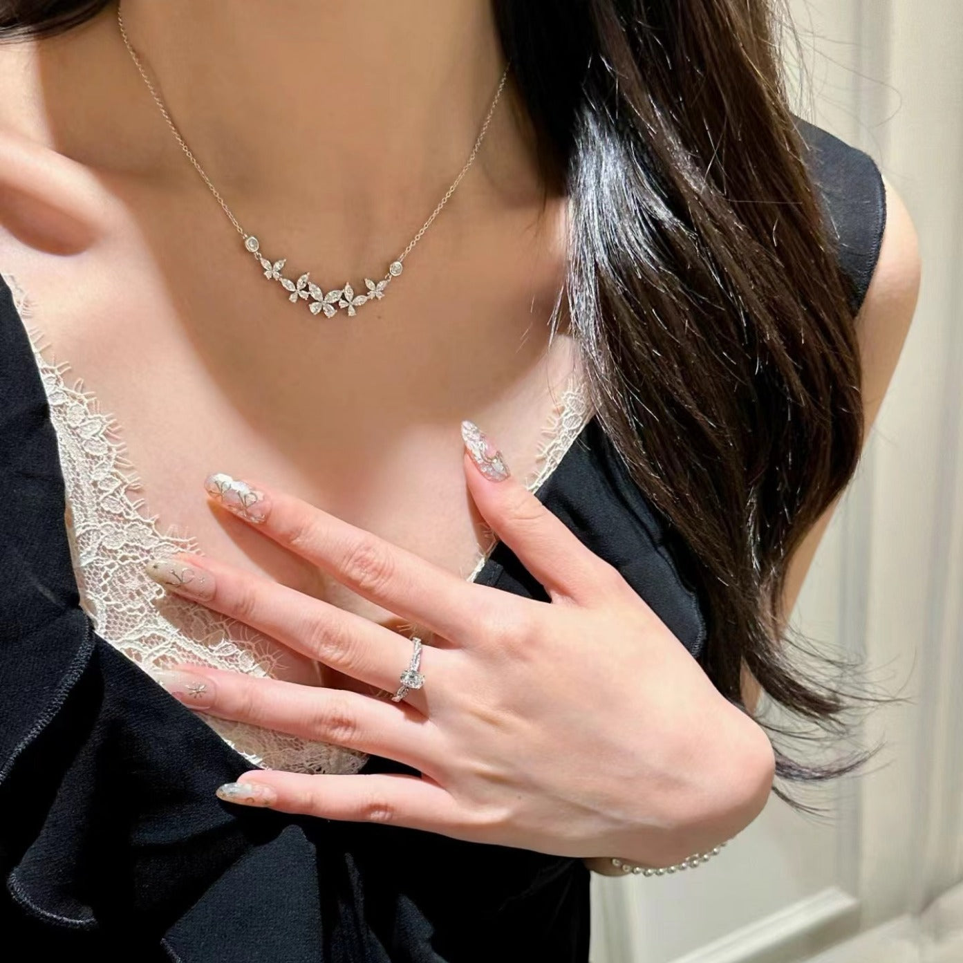 Pure Silver S925 Light Luxury High-End Jewelry Butterfly Cluster High Carbon Diamond Sparkling Earrings Butterfly Necklace Collarbone