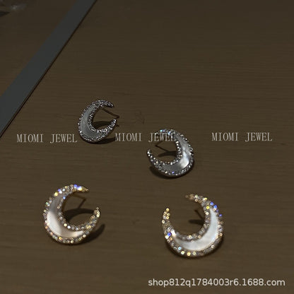 Iris Moon Sea Inlaid Diamond Shell Earrings for Women, Pure Silver Simple Minimalist Style Earrings, 2025 Trend