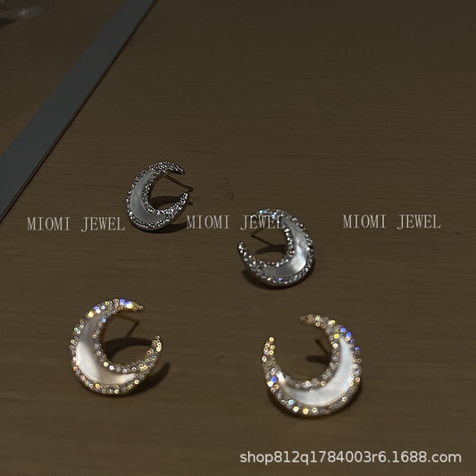 Iris Moon Sea Inlaid Diamond Shell Earrings for Women, Pure Silver Simple Minimalist Style Earrings, 2025 Trend