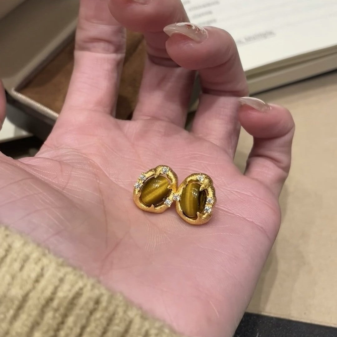 Vintage Style Brushed Craft Tiger Eye Stone Earrings Exquisite Versatile Fashionable Elegant Earrings Light Luxury High-end Feel