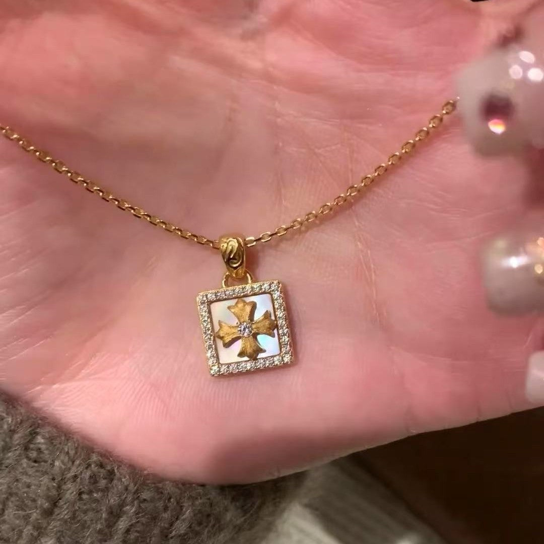 Brushed Craft Cross Necklace Full Diamond Cross Flower Light Luxury Niche Design High-end Clavicle Chain Simple