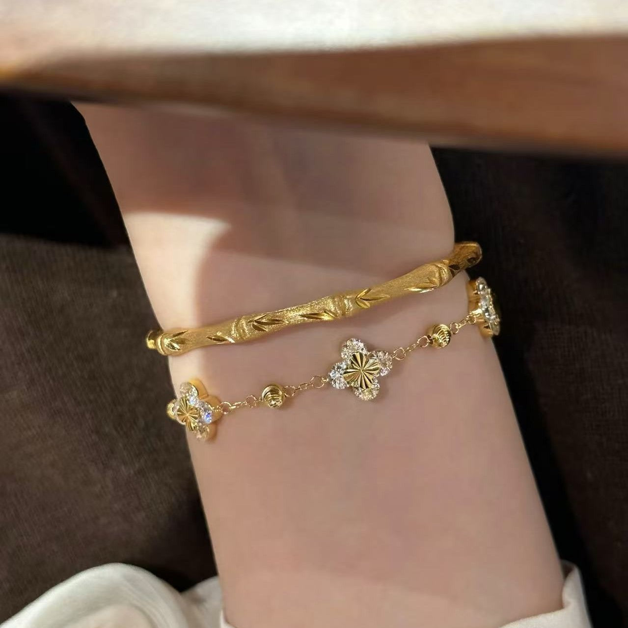 Sterling Silver S925 CNC Laser Four-Leaf Clover Bracelet Fashion Versatile Heavy Craftsmanship Four-Leaf Clover Light Luxury High-End Design