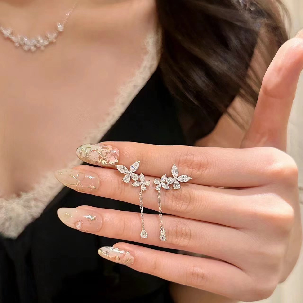 Pure Silver S925 Light Luxury High-End Jewelry Butterfly Cluster High Carbon Diamond Sparkling Earrings Butterfly Necklace Collarbone