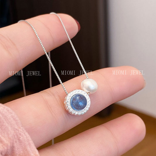 S925 Sterling Silver Aquamarine Natural Freshwater Pearl Necklace Accessories for Women Light Luxury Niche Simple High-end Clavicle Chain