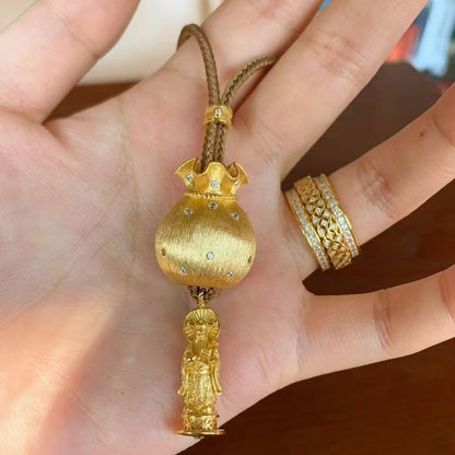 Pure Silver S925 Brown Rope Brushed Craft Large Lucky Bag with Heaven and Earth God of Wealth Sweater Chain