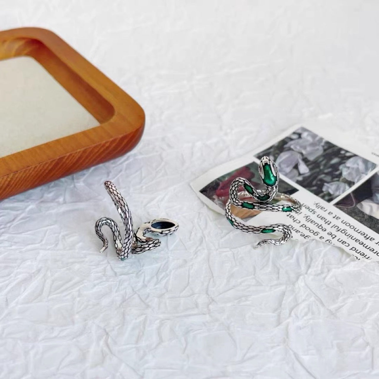 Korean Version 925 Sterling Silver Vintage Enamel Green Snake Ring Personality Trendy Open Fashion Casual Personality