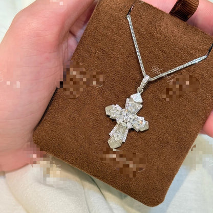 Sterling Silver S925 Brushed Craft High Carbon Diamond Cross Necklace Vintage Mid-Ancient Light Luxury High-End Niche Design