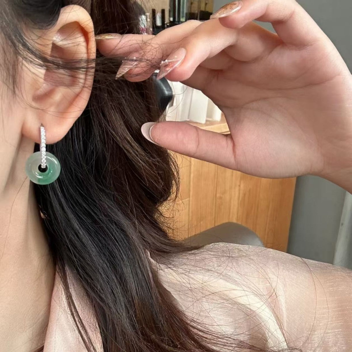 Pure Silver S925 Chinese Style African Jade Ice Floating Flower Donut Earrings Chinese Style Jade Plate Round Beads Light Luxury Exquisite Versatile