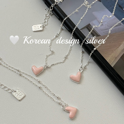 Korea Dongdaemun Style Silver Jewelry S925 Sterling Silver Pink Glaze Heart Bead Necklace Cute Versatile for Women