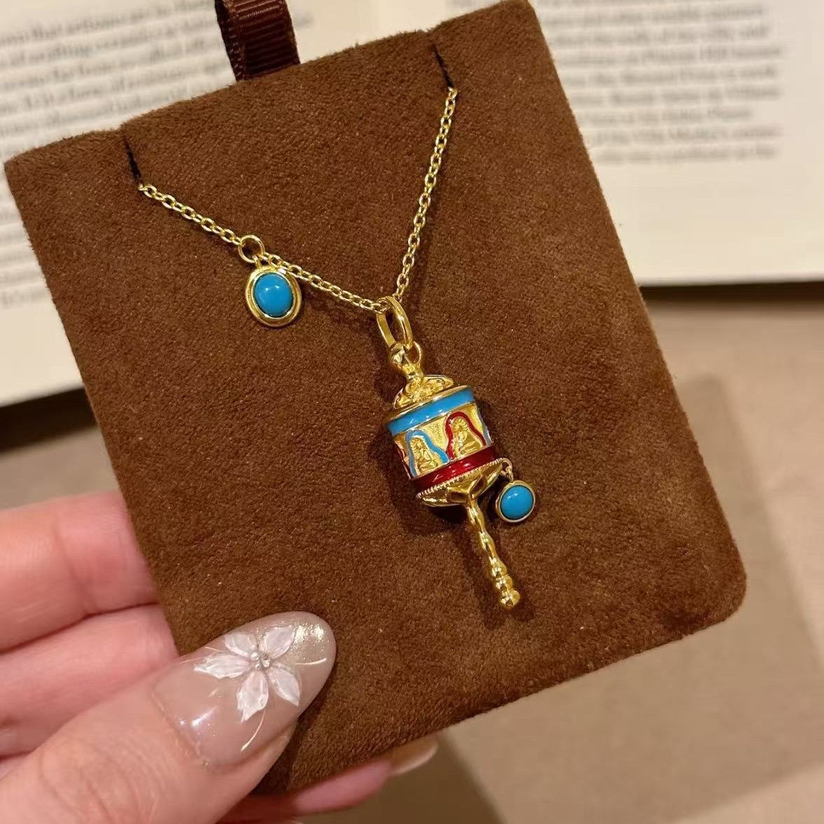 New Chinese Style Enamel Craft Prayer Wheel Necklace Vintage Exquisite Light Luxury Niche Temperament Collarbone Chain