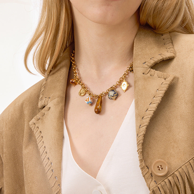 Titanium Steel Resin Ceramic Multi Pendant Necklace Niche Light Luxury Collarbone Chain Stainless Steel Jewelry High-end Feel