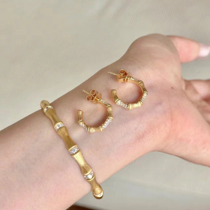 Italian Vintage Brushed Light Luxury High-End Jewelry 925 Sterling Silver Brushed Craft Forged Bamboo Earrings Studs