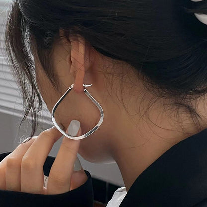 French Style High-End Feel Pure Silver S925 Rhombus Square Hoop Earrings Heavy Craft Exaggerated Fashion Personality