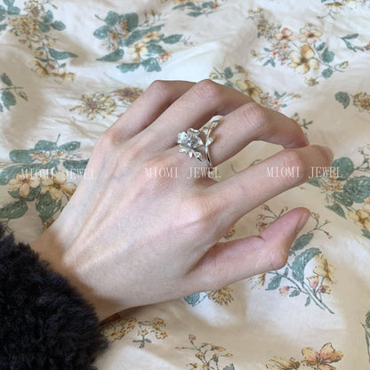 S925 Sterling Silver Four-Petal Flower Ring New Chinese Style Pastoral Niche Design High-End Light Luxury Open Ring for Women