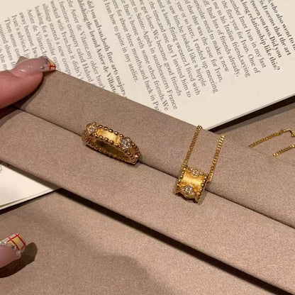 Pure Silver S925 Brushed Craft Four-Leaf Clover Kaleidoscope Necklace and Ring Set Fashionable Elegant Light Luxury