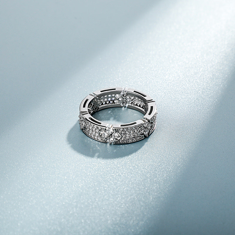 INS Trendy Unisex Micro Pave Starry Sky Zircon Ring Four-Leaf Clover Personality Hip-Hop Jewelry