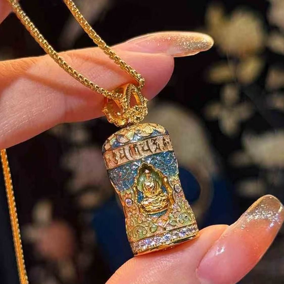 Pure Silver S925 New Chinese Style Retro National Style Four-Faced Buddha Prayer Wheel Enamel Craft Necklace High-End Elegant Light Luxury