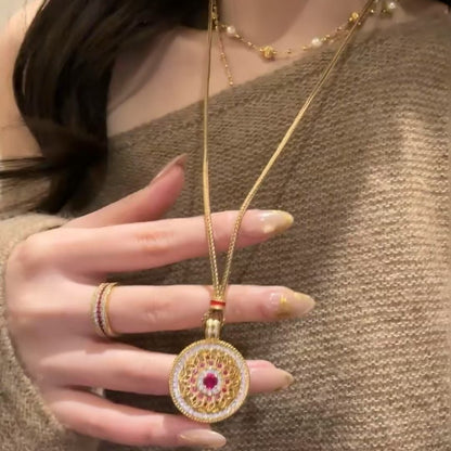 Pure Silver S925 Chinese Style Rose Window Eight Treasures Compass Brown Rope Sweater Chain New Year Series