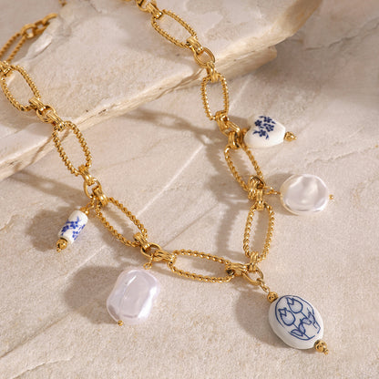 Stainless Steel Pearl Heart Ceramic Pendant Necklace Niche Design Clavicle Chain Jewelry