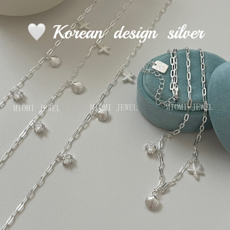 S925 Sterling Silver Blue Starfish Shell Zircon Necklace Fresh and Versatile