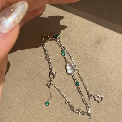 Pure Silver S925 Natural Water Foam Jade Gourd Double Layer Bracelet Exquisite Simple Light Luxury Niche Fashion High-end Sense Jewelry