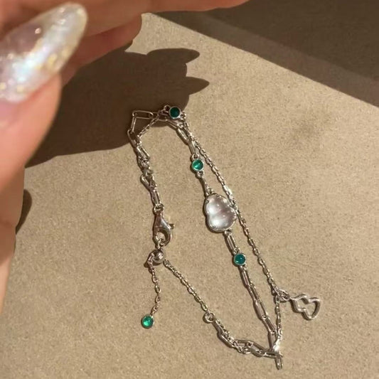 Pure Silver S925 Natural Water Foam Jade Gourd Double Layer Bracelet Exquisite Simple Light Luxury Niche Fashion High-end Sense Jewelry