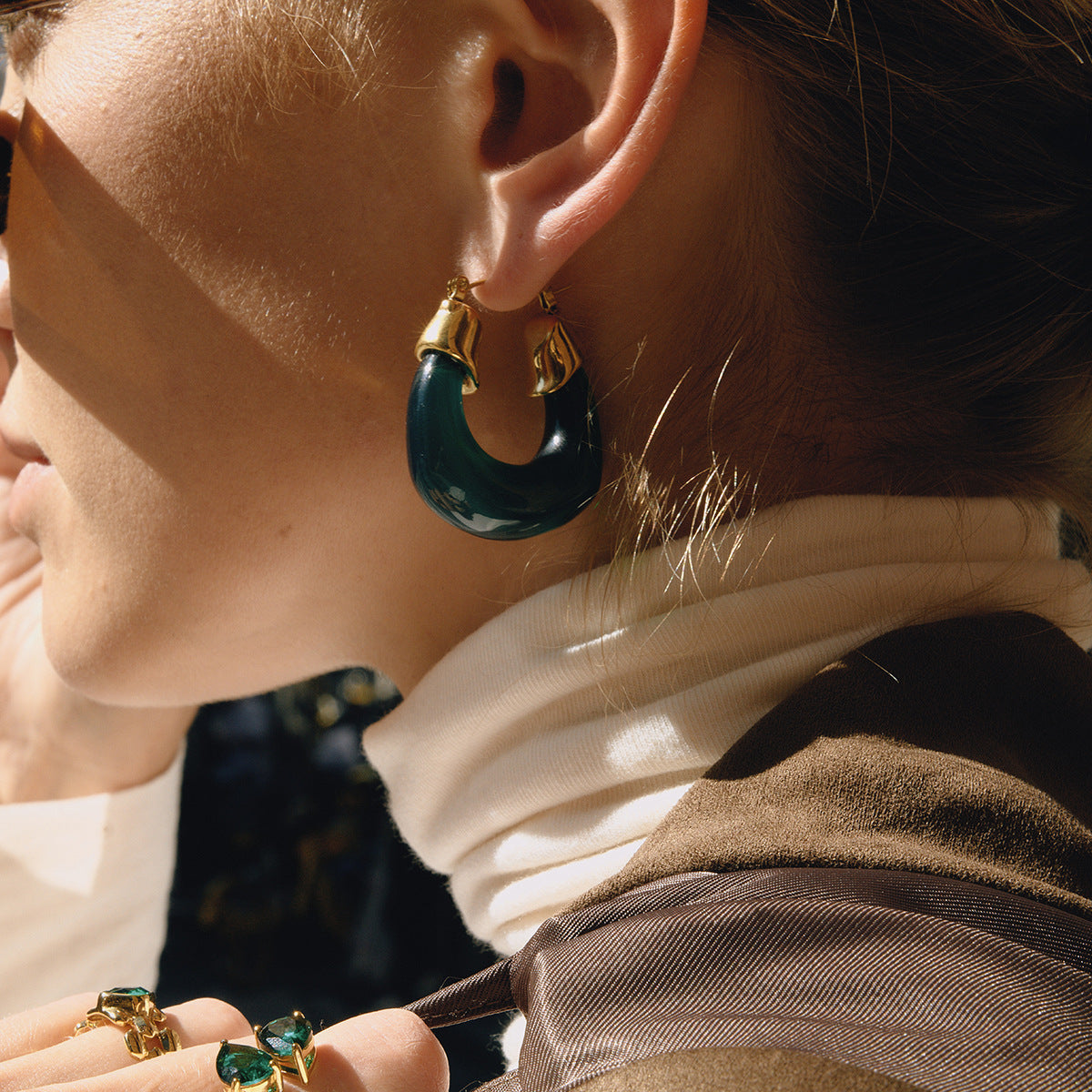 Autumn Winter Resin Chubby Stainless Steel Earrings Niche Light Luxury Hoop Titanium Steel Jewelry for Women with a Sense of Sophistication