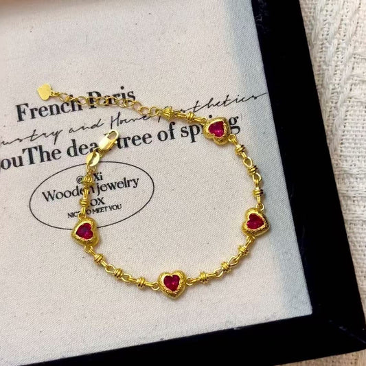 Pure Silver SS925 Ancient Hammered Heart Red Gem Bracelet Ancient High-End French Court Style Bracelet