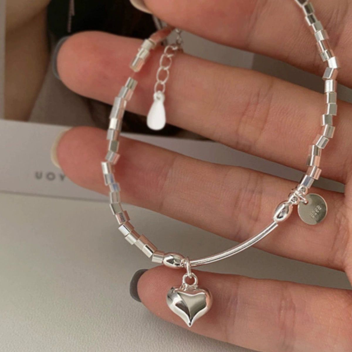 Full S990 Sterling Silver Heart Pendant Bracelet Niche Design Trendy Broken Silver Best Friend Jewelry Gift
