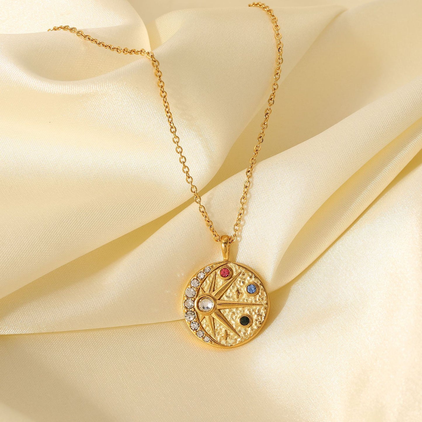 Stainless Steel Necklace 18K Gold Sun Moon Relief Hammered Colorful Zircon Round Pendant Necklace for Women Ins Style