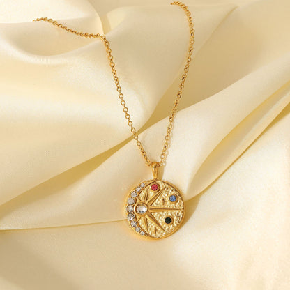 Stainless Steel Necklace 18K Gold Sun Moon Relief Hammered Colorful Zircon Round Pendant Necklace for Women Ins Style