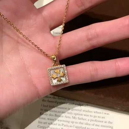 Brushed Craft Cross Necklace Full Diamond Cross Flower Light Luxury Niche Design High-end Clavicle Chain Simple