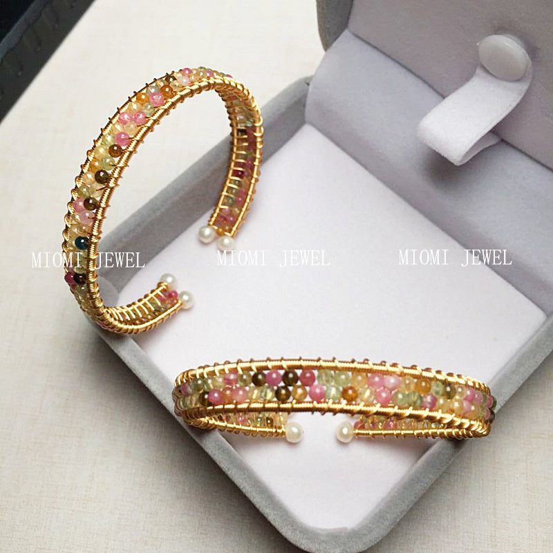 Tourmaline Bracelet 14K Gold Filled Handmade Wire Wrapping Craft Freshwater Pearl Finish Women's Stone