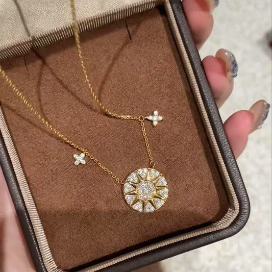 Pure Silver S925 Vintage Sparkling Full Diamond Star Compass Necklace for Women Light Luxury High-end Collarbone Chain Jewelry