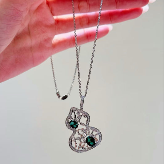 Pure Silver S925 National Style New Chinese Hollow Flower Window Emerald Gourd Fortune Necklace Vintage Exquisite Choker Light Luxury