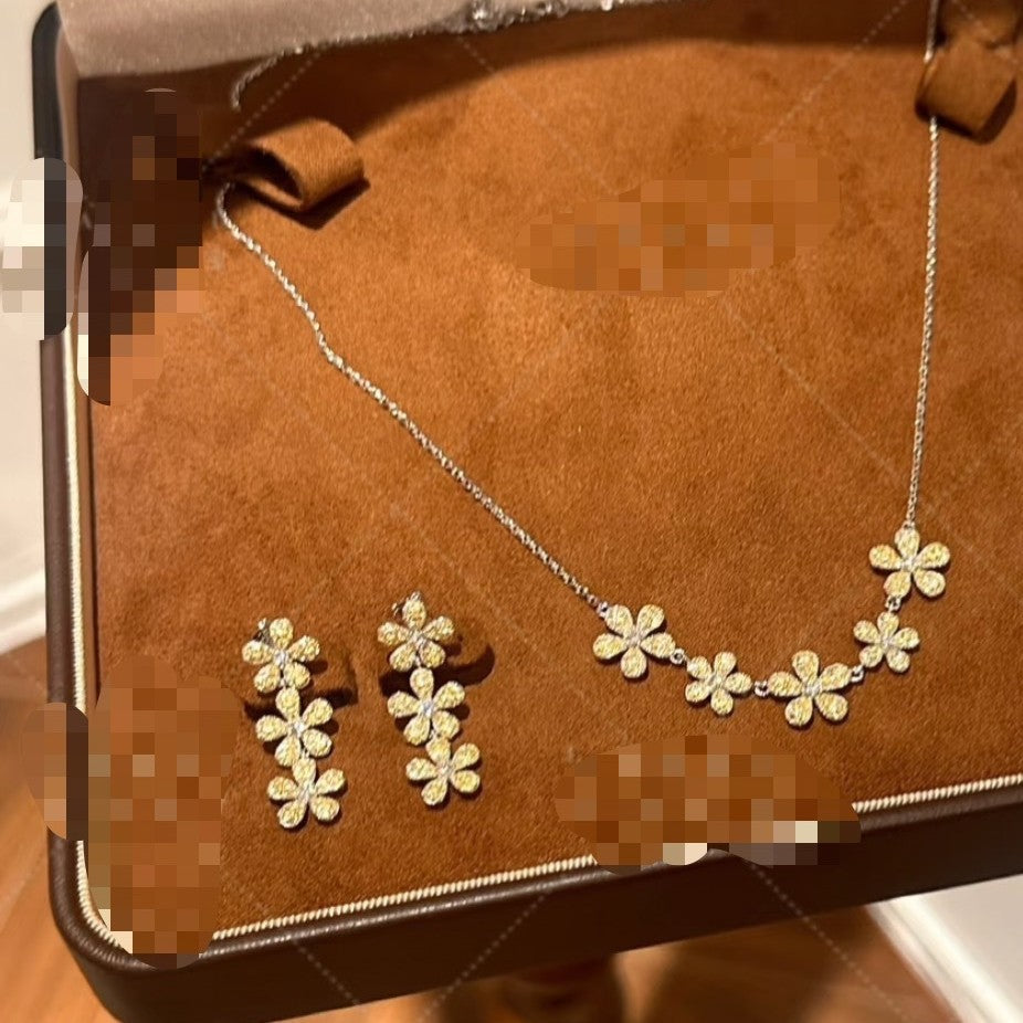 Pure Silver S925 High Carbon Diamond Small Yellow Flower Earrings Necklace Set Light Luxury Niche Fairy Style Internet Celebrity Ins Simple Elegant