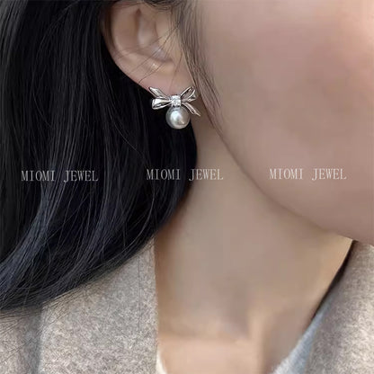 925 Sterling Silver Bowknot Square Zircon Earrings for Women Simple Sweet Girly Temperament Pearl Earrings 8646A
