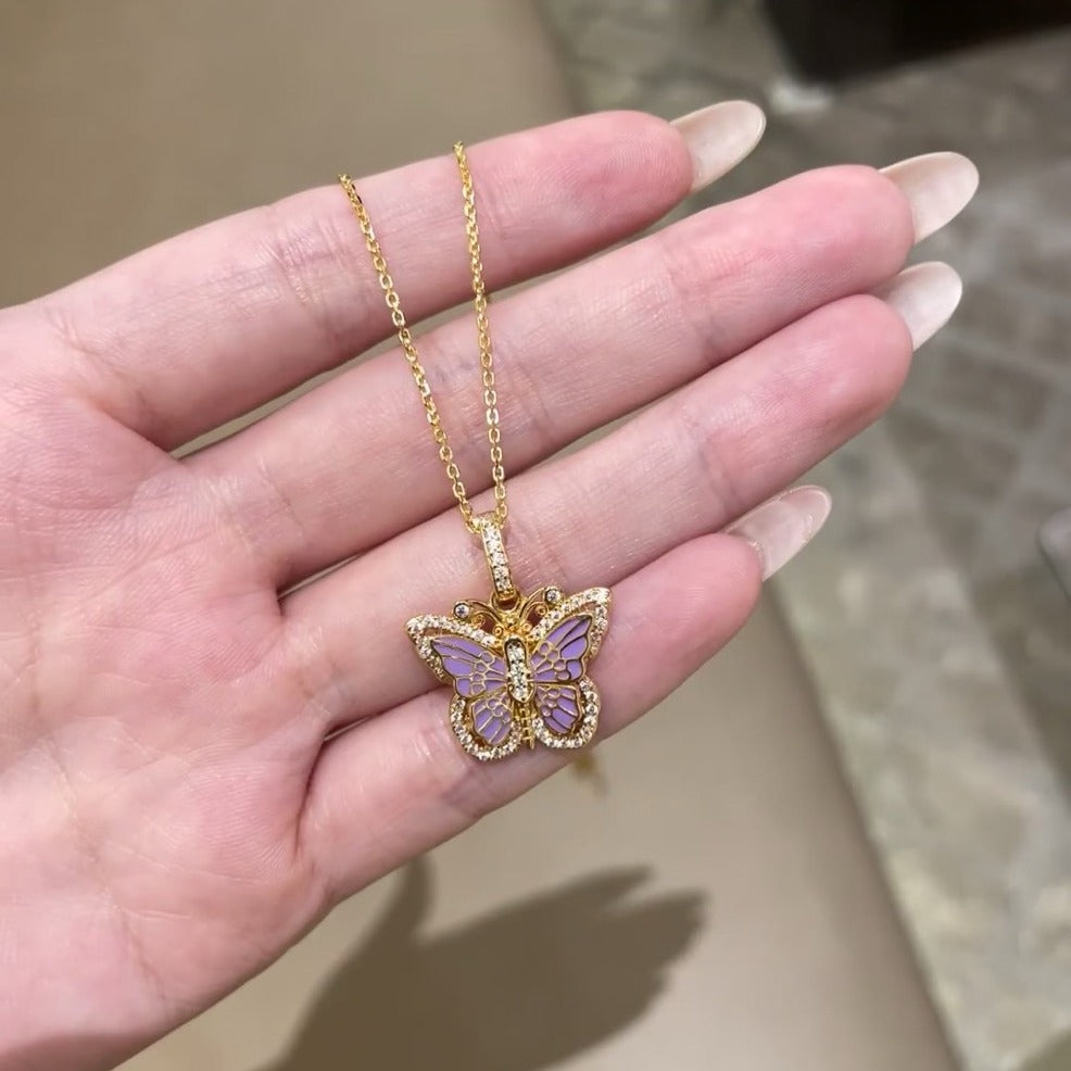 Pure Silver S925 Ancient Gold Plated Enamel Craft Large Butterfly Necklace Nine Purple Fire Medieval Style