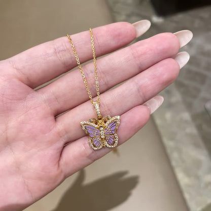 Pure Silver S925 Ancient Gold Plated Enamel Craft Large Butterfly Necklace Nine Purple Fire Medieval Style