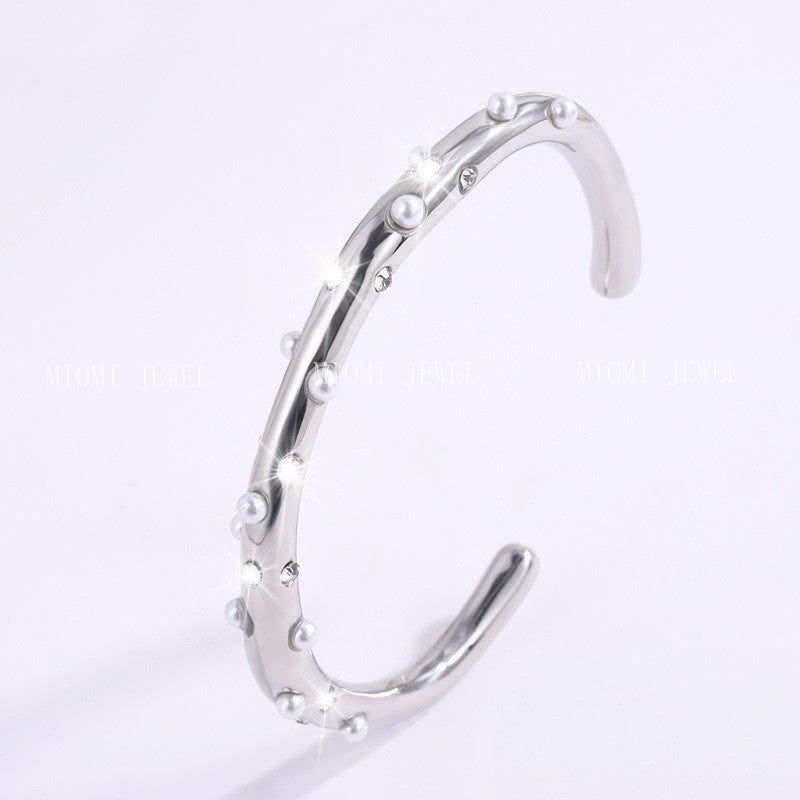 Stainless Steel Bracelet Trendy Inlaid Pearl Bracelet Women's Titanium Steel Retro Versatile Hand Jewelry