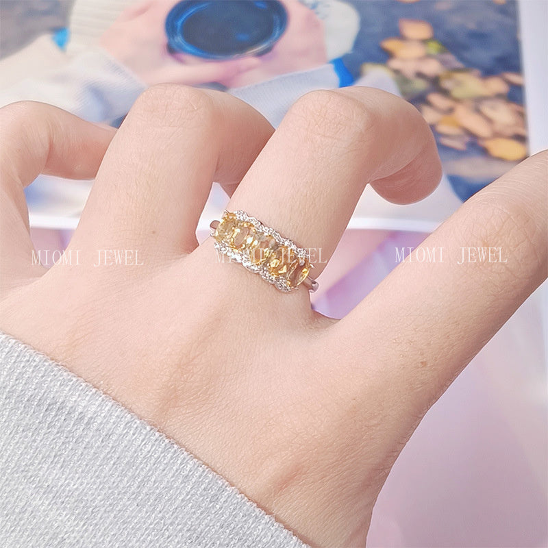 S925 Sterling Silver Natural Yellow Crystal Ring for Women, High-End Sense, Row of Diamonds, Colorful Gemstone Jewelry, Index Finger Ring, Live Streaming Hot Item
