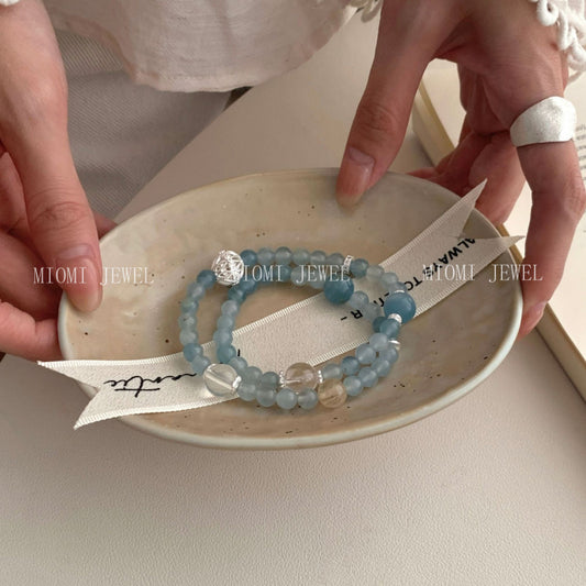 S925 Sterling Silver Natural Blue Yellow Crystal Double Circle Bracelet for Women Korean Minimalist Niche Design Bracelet
