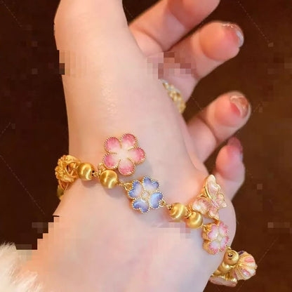 Sterling Silver S925 Enamel Gradient Craft Double-Sided Wear Butterfly Lily of the Valley Cherry Blossom Bracelet Flower Design High-End Bracelet